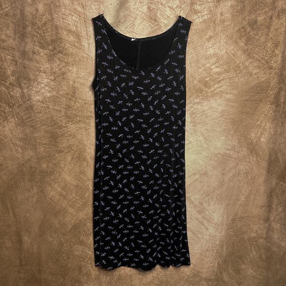 Vintage 90s Glitter Dragonfly Shift Dress Above Knee Midi Black Sleeveless Indie - Picture 1 of 8